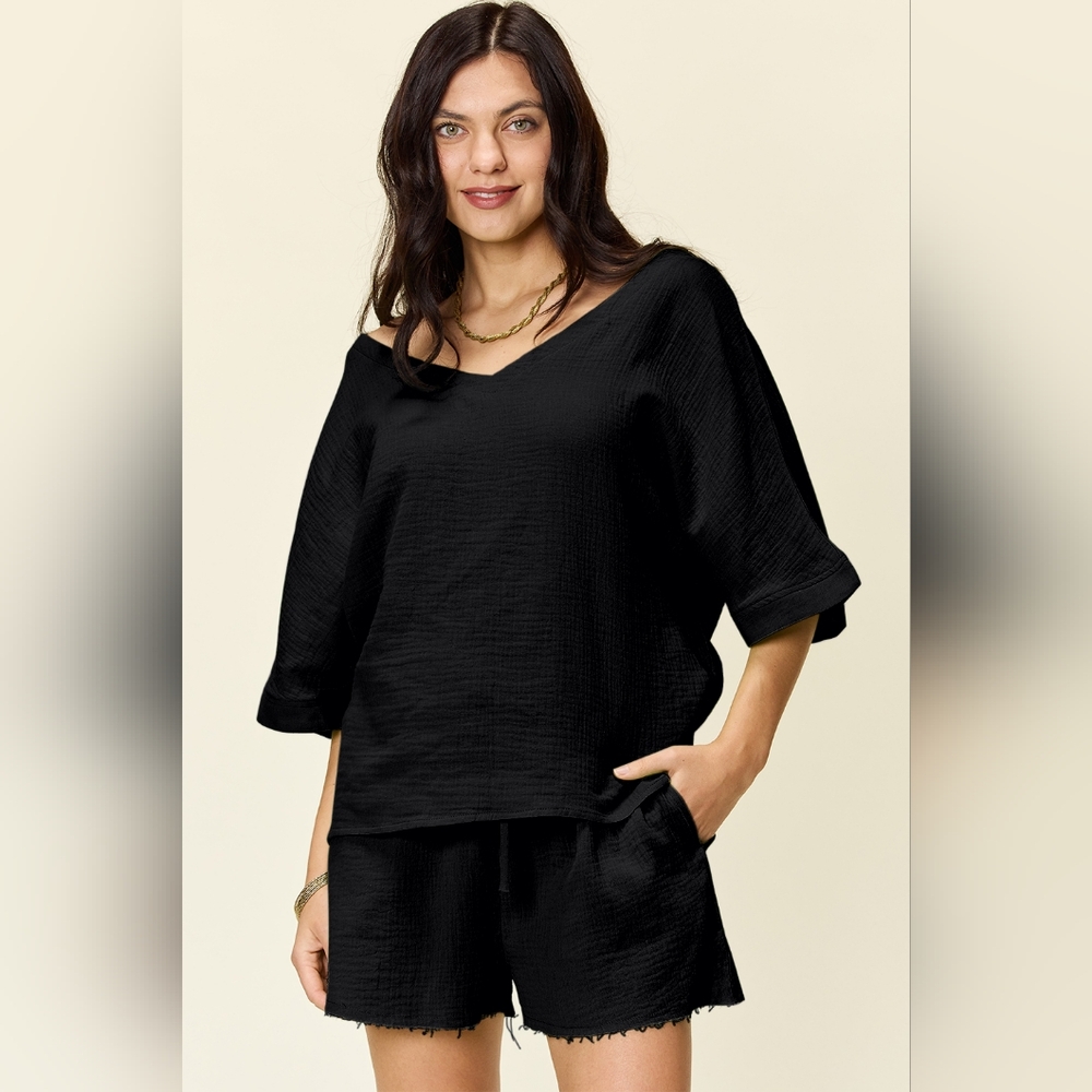 Double Take Texture Half Sleeve T-Shirt and Drawstring Shorts Set